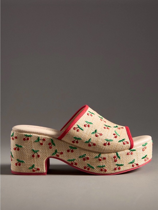 Matisse Shoes - Matisse Cream Cherry Embroidered Platform Mule with Red Trim